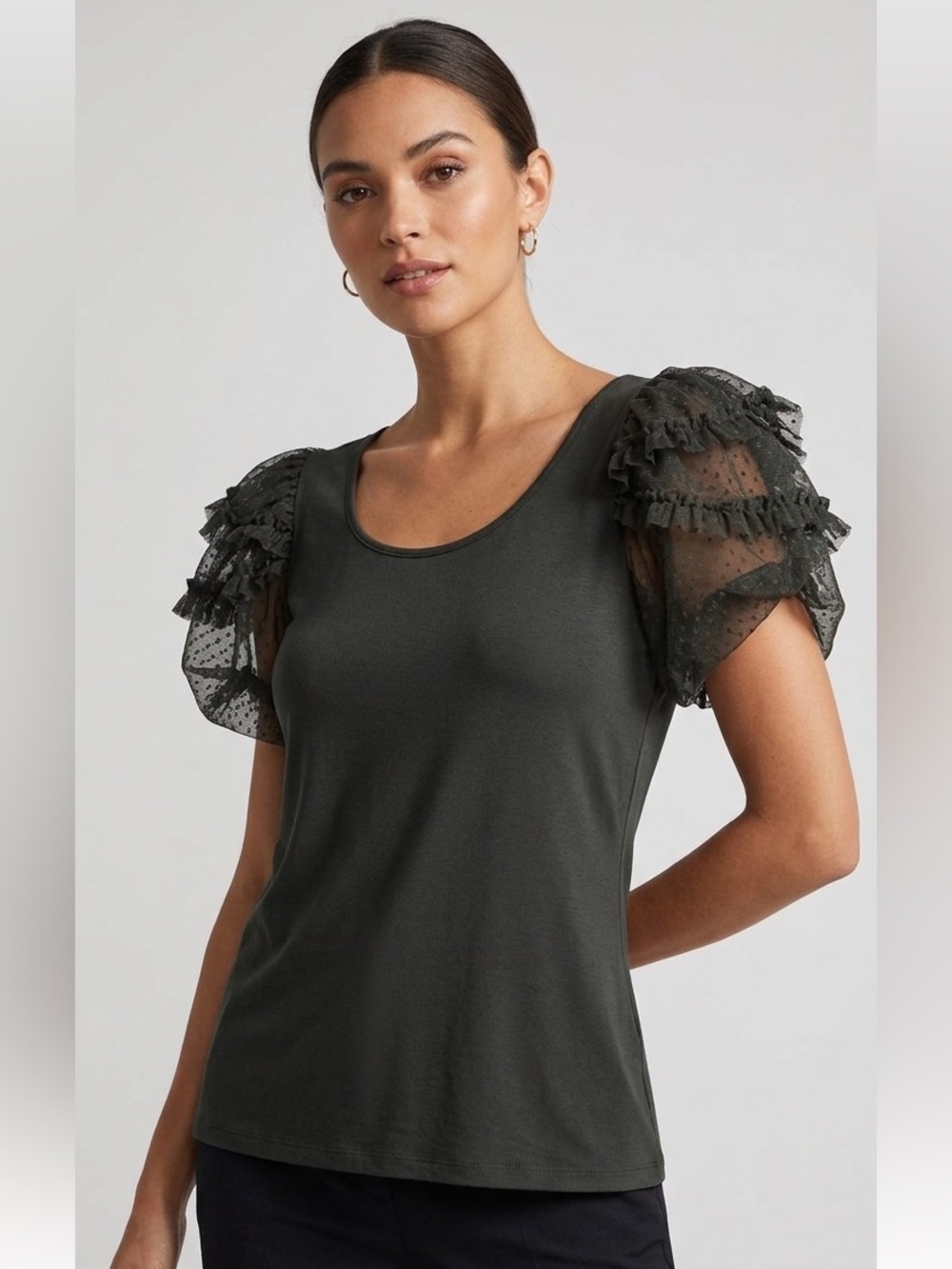 DR2 Black Olive Mesh Ruffle Sleeve Top Elegant Sheer Blouse Size M polkadot